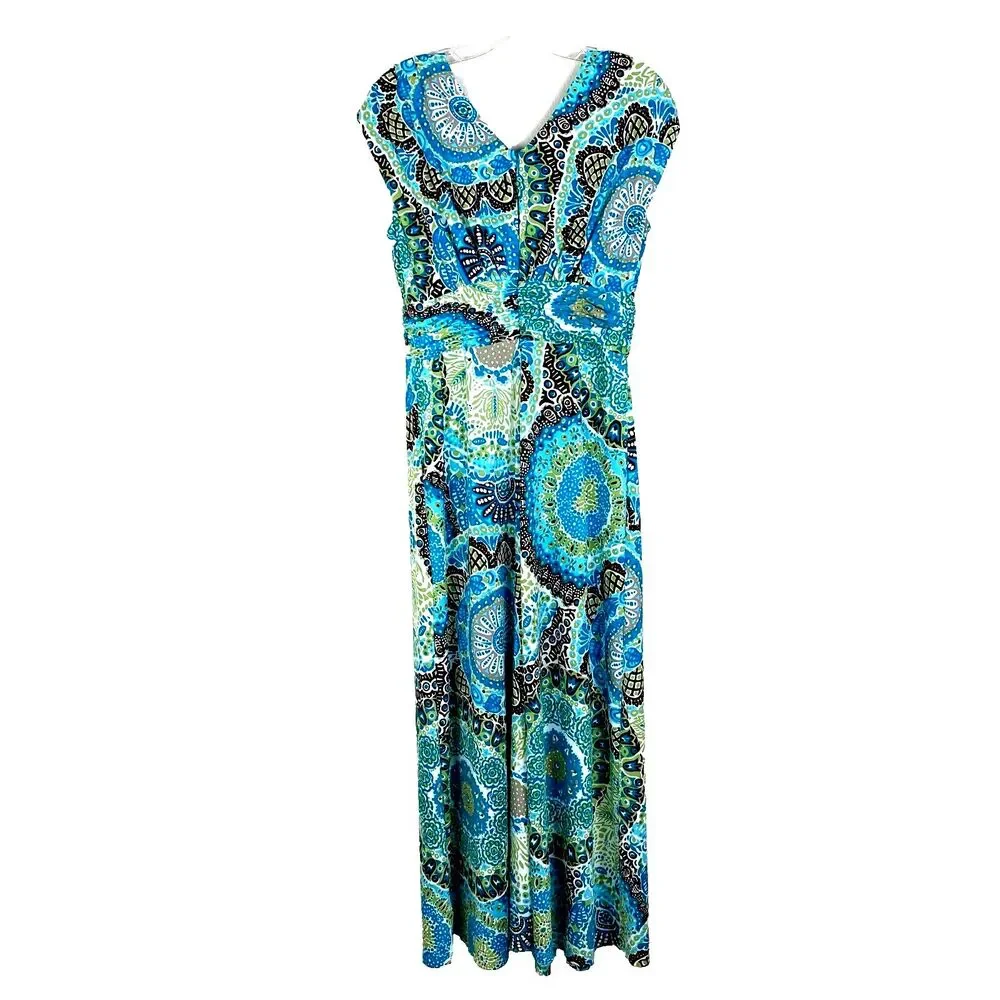 Liz Claiborne A-Line Maxi Dress Size 10 V-Neck High Waist Brown Blue Green